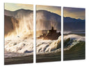Tríptico mar rompiendo sobre faro, atardecer,oceano