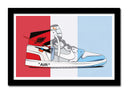 Cuadro enmarcado negro zapatilla air force one nike retro, azul, blanco, rojo