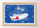 Cuadro enmarcado natural zapatilla nike clasic cortez, las tiburon, retro, vintage, azul
