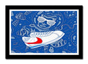 Cuadro enmarcado negro zapatilla nike clasic cortez, las tiburon, retro, vintage, azul