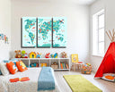 Estancia mapamundi infantil en tonos azules y verdes